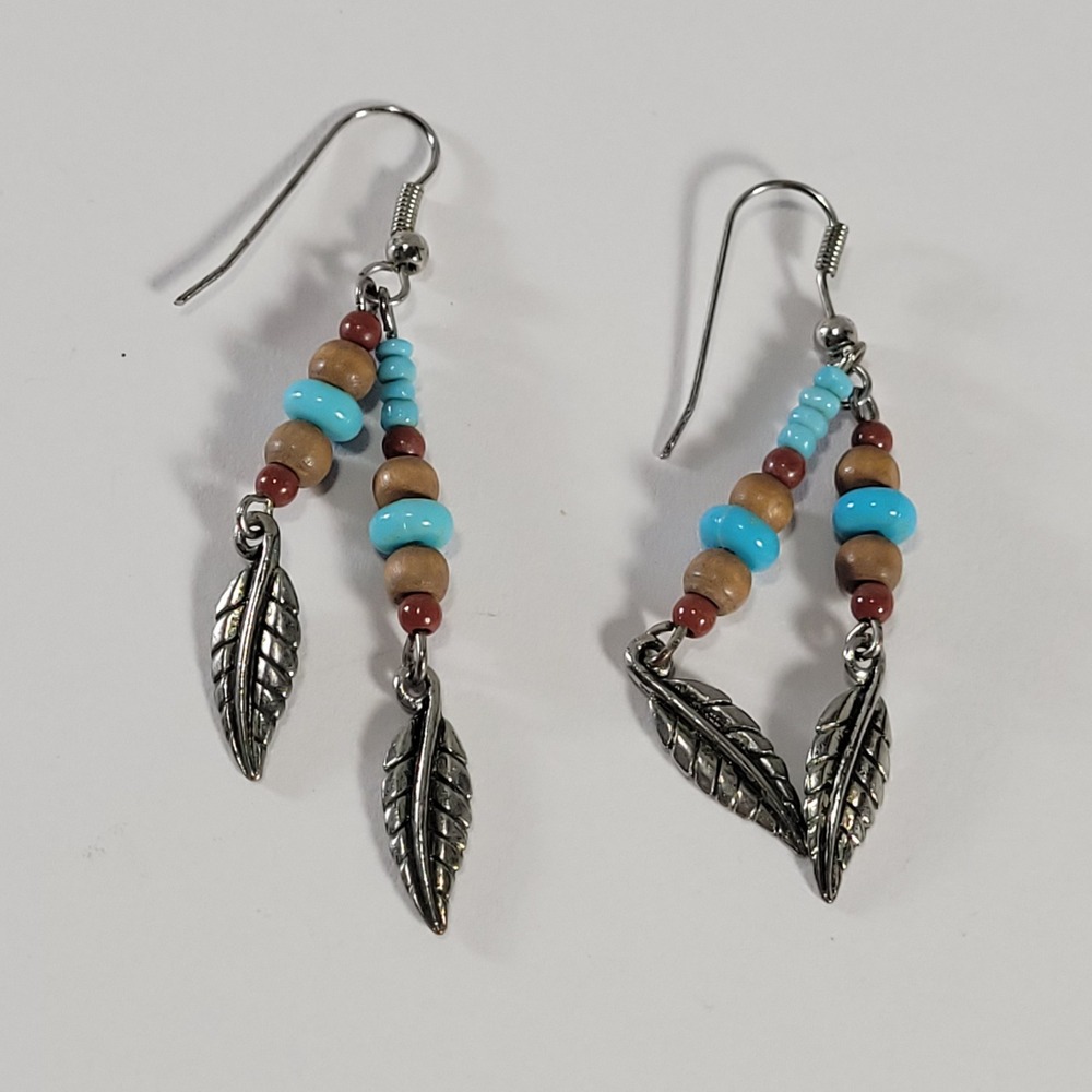 Southwestern Dangle Earrings Turquoise Brown Wood Bead Silver Leaf Boho Jewlery